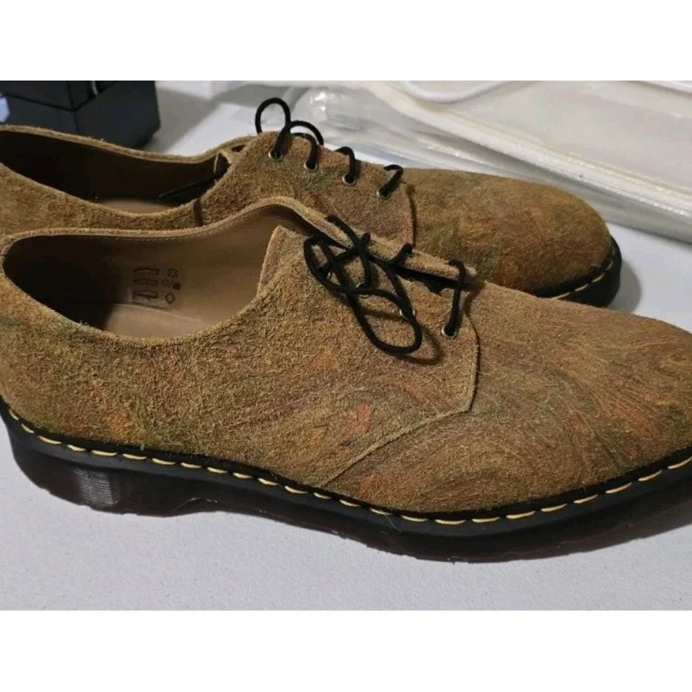Dr. Martens Smiths Hairy Suede Marbled Olive Tan 4-Eye Shoes Mens 14 30737357